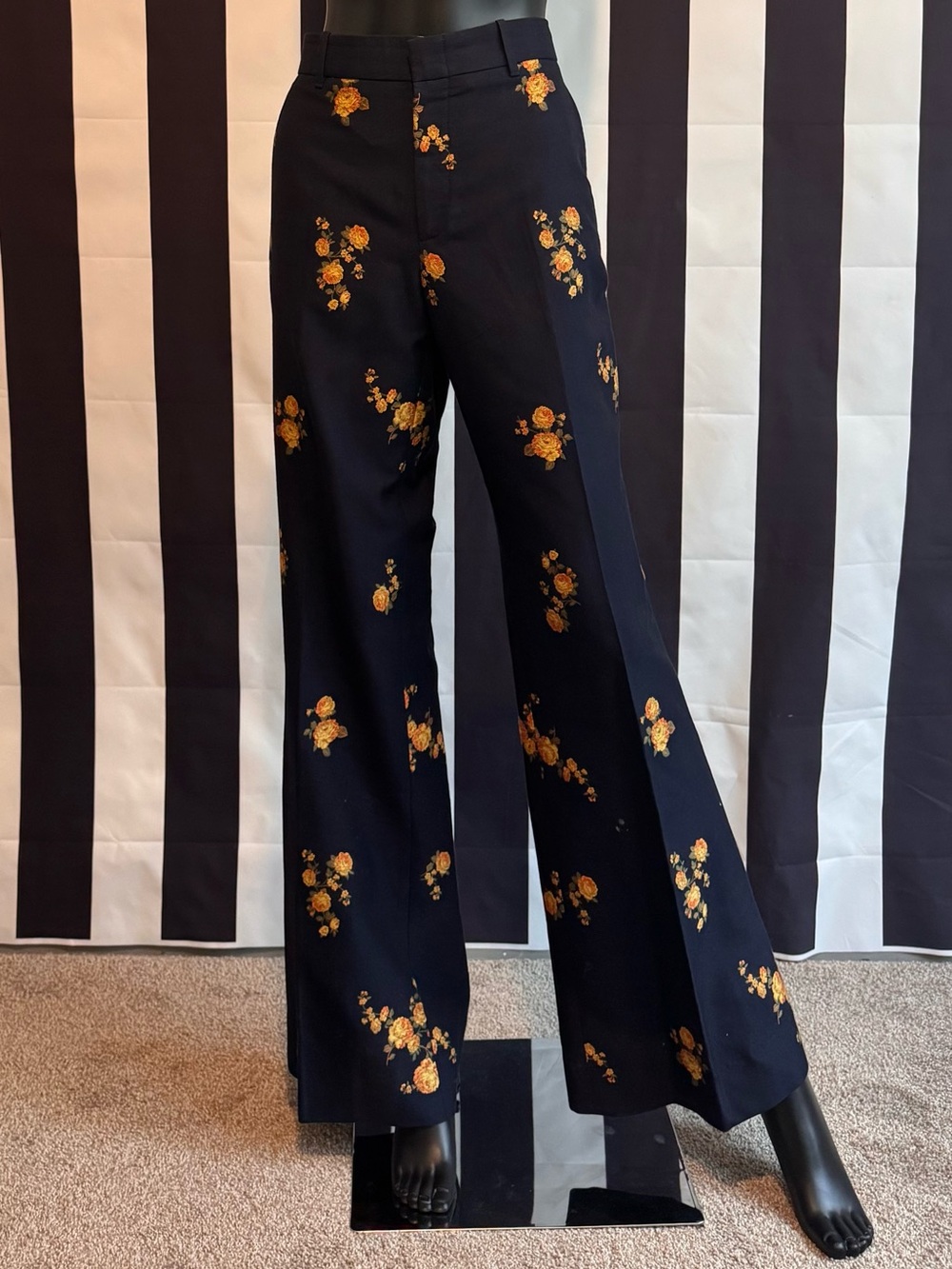 Gucci Navy Wide-Leg Trousers with Gold Floral Design